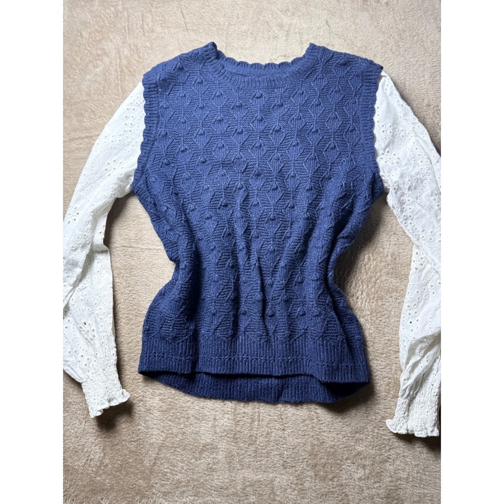 Fat Face Blue Cable Knit Eyelet Lace Sleeve Top US 6‎ Coastal Grandma Nautical